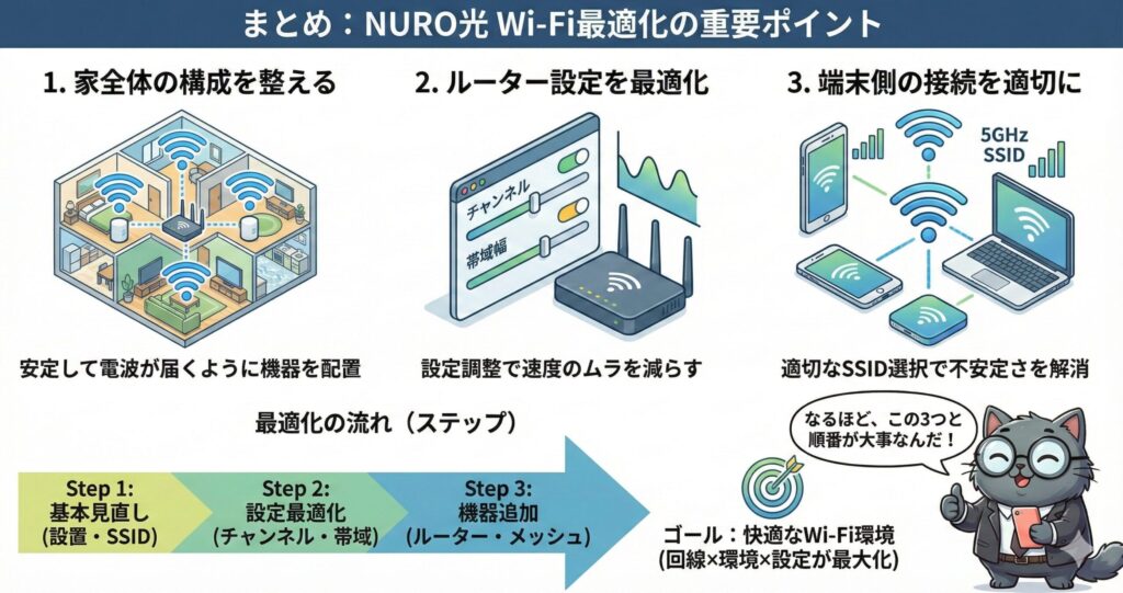 NURO光Wi-Fi最適化の重要ポイント(配置・ルーター設定・SSID接続最適化)を3ステップで解説した図。