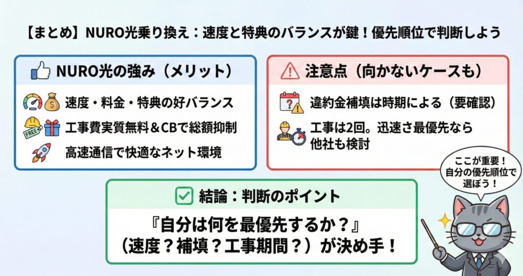 【まとめ】NURO光乗り換えのメリット・注意点・判断ポイントの図解