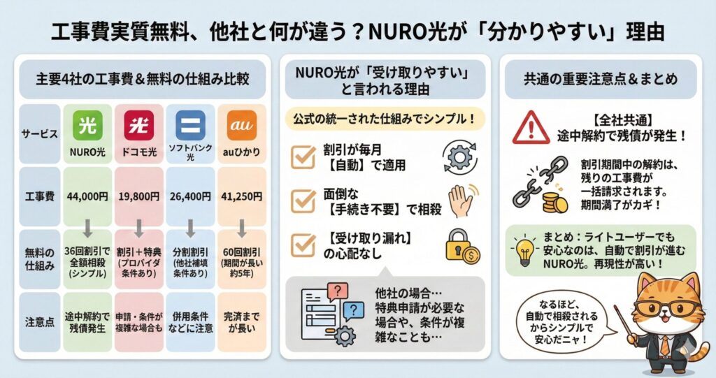 NURO光と主要3社(ドコモ光・ソフトバンク光・auひかり)の工事費実質無料の仕組み比較図解。他社は申請が必要だったり完済まで期間が長い(auは60回など)場合があるのに対し、NURO光は手続き不要で毎月自動的に割引が適用されるためシンプルで受け取り漏れがないというメリットを解説。ただし全社共通で途中解約時は残債が発生する点に注意
