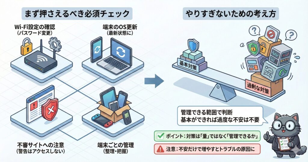 Wi-Fi設定の見直し、端末OS更新、不審サイト回避、端末管理などの基本的なセキュリティ対策と、過剰な対策を避け管理できる範囲で判断する考え方を示した図。
