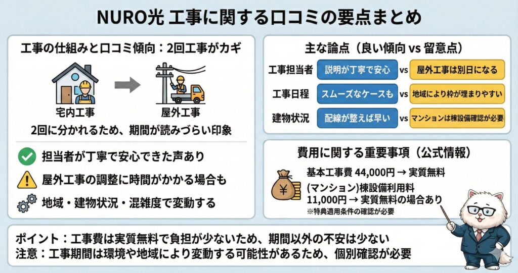 NURO光 工事に関する口コミの要点まとめ。宅内と屋外の2回工事が必要で、調整に時間がかかる場合がある。工事費は実質無料。猫のキャラクターが説明している図。