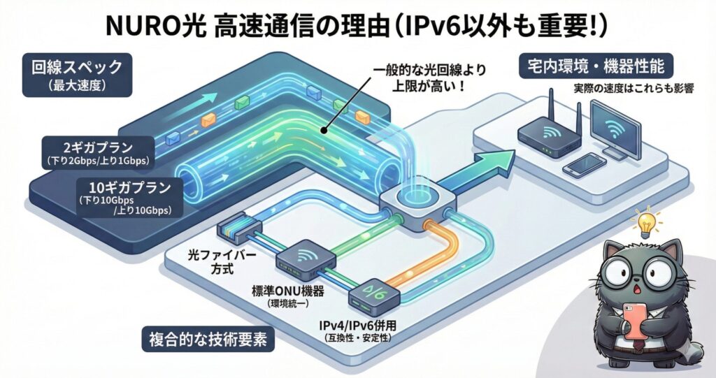 NURO光が高速通信を実現する理由として、2Gbps・10Gbpsの回線スペック、光ファイバー方式、標準ONU、IPv4/IPv6併用、宅内機器性能など複合的な要素を示した図解。