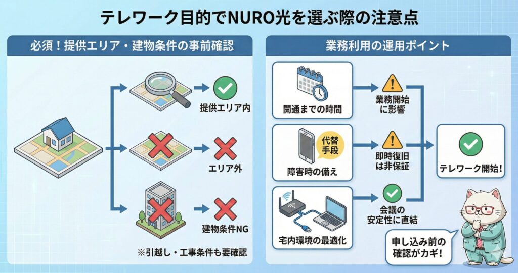 テレワーク目的でNURO光を選ぶときに、事前に押さえておくべき注意点を整理した図解。

左側は「申し込み前の必須確認」。
まず提供エリア内かどうかを確認し、次に建物条件（戸建て・集合住宅、工事可否）をチェックする流れを示している。
エリア外や建物条件NGの場合は、速度や安定性以前に導入できない点が強調されている。

右側は「業務利用としての運用ポイント」。
開通までに時間がかかる可能性があり、業務開始に影響すること、障害時は即時復旧が保証されないため代替回線の用意が重要であること、そして宅内環境の最適化がオンライン会議の安定性に直結する点を示している。

結論として、NURO光はテレワーク向きの回線ではあるが、申し込み前の確認と事前準備ができて初めて安心して使える、という位置づけを伝える構成。
