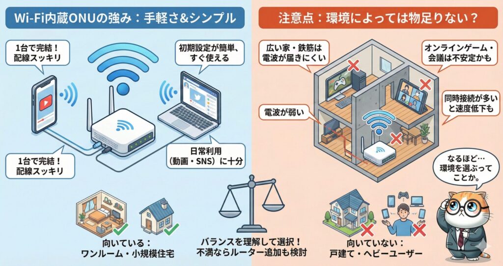 Wi-Fi内蔵ONUの利点として配線の少なさや簡単設定を示し、日常利用向きである一方、広い家や鉄筋住宅・オンライン会議・多端末接続では電波が弱く物足りない場合があることを説明する図解。