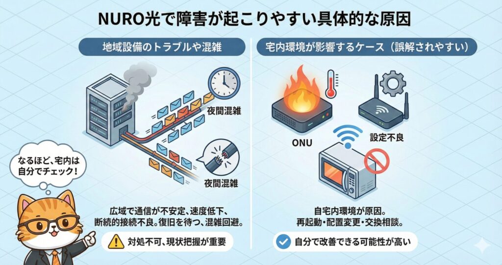 NURO光の障害原因として、地域設備の混雑やトラブル、ONUの過熱や設定不良、家電干渉など宅内要因を比較し、改善可否を示した図解。