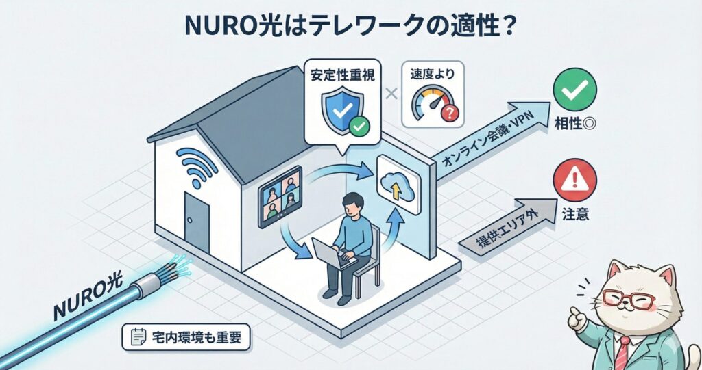 NURO光がテレワークに向いているかを解説する図解。自宅でPC作業とオンライン会議を行う人物を中心に、安定性重視が重要であること、速度より通信の安定が評価される点、VPNやオンライン会議との相性が良い点を示している。一方で提供エリア外には注意が必要で、宅内の通信環境も重要であることが描かれている。
