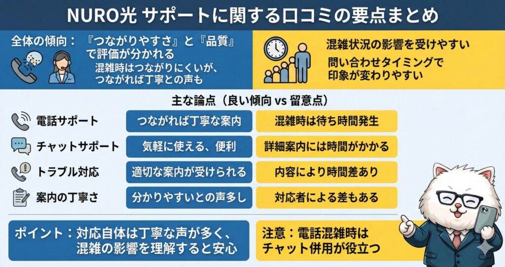 NURO光 サポートに関する口コミの要点まとめ。電話サポートは混雑時は待ち時間があるが、つながれば丁寧。チャットサポートの併用が有効。猫のキャラクターが説明している図。