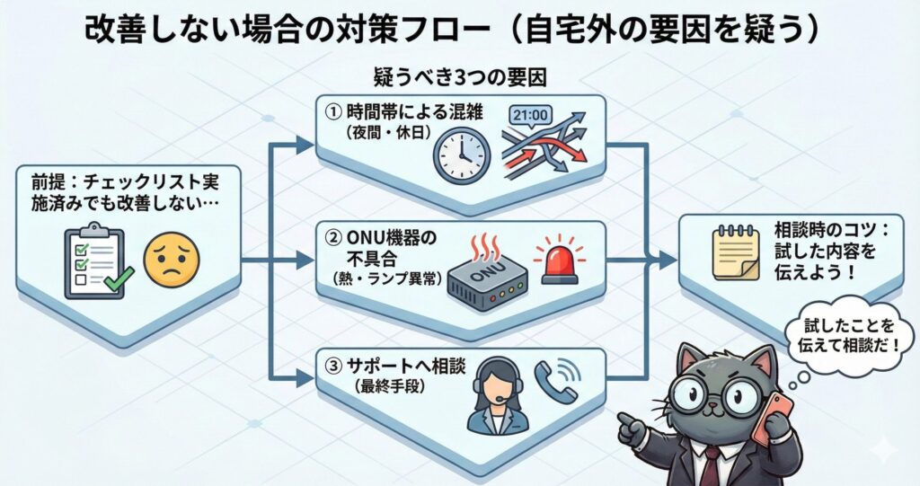 通信速度が改善しない場合の対策として、混雑時間帯の影響・ONU不具合・サポート相談の3要因を疑う流れと、実施済みチェック内容を伝える重要性を示した図解。