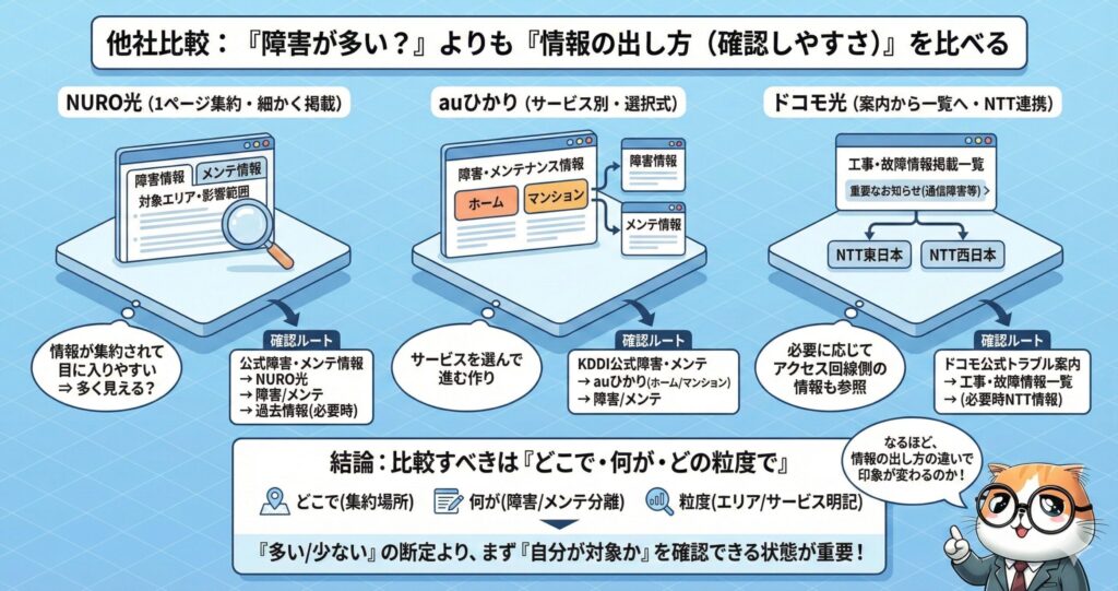 NURO光・auひかり・ドコモ光を「障害が多いか」ではなく、障害・メンテナンス情報の集約場所や確認ルート、情報の粒度と分かりやすさで比較した図解。
