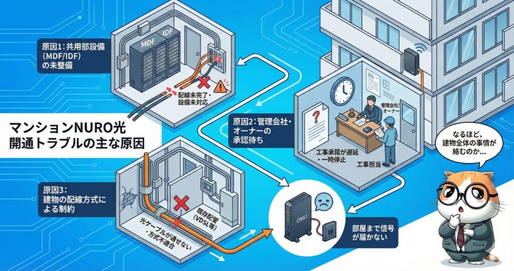 マンションでNURO光が開通しない主な原因を示す図。MDF・IDFなど共有部設備の未整備や配線未完了、管理会社やオーナーの承諾待ちによる工事停止、既存配管の方式不適合で光ケーブルが通らず部屋まで信号が届かないケースをイラストで解説している