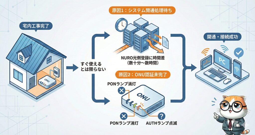 NURO光の宅内工事後にすぐ使えないケースを図解。システム開通処理待ちによる登録遅延や、ONUのPONランプ消灯・AUTHランプ点滅など認証未完了の原因を示し、最終的に開通成功へ至る流れを表した解説図