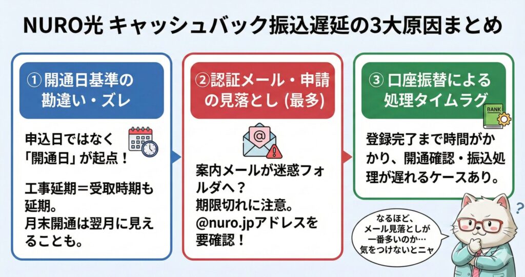 NURO光キャッシュバックの振込が遅い・届かない場合の3大原因まとめ図解。①起算日が申込日ではなく『開通日』である点の勘違い、②案内メール（@nuro.jp等）の見落としや迷惑メール振り分け（最多原因）、③口座振替登録のタイムラグによる処理遅れ、の3点を解説。特に案内メールを見逃して申請期限切れになるリスクへの注意喚起