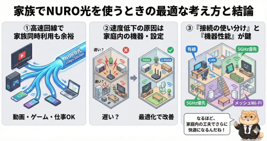 家族でNURO光を利用する際の最適な考え方を示す図で、高速回線による同時利用の余裕、家庭内機器や設定が速度低下の原因になること、そして有線接続・5GHz優先・メッシュWi-Fiなど接続の使い分けと機器性能の重要性を解説している。