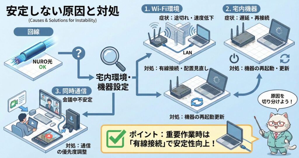 回線自体は問題なく、宅内環境や機器設定が原因で通信が不安定になるケースを整理した図解。Wi-Fi環境、宅内機器、同時通信の3要因ごとに症状と対処法を示し、重要作業時は有線接続で安定性を高めることを強調している。
