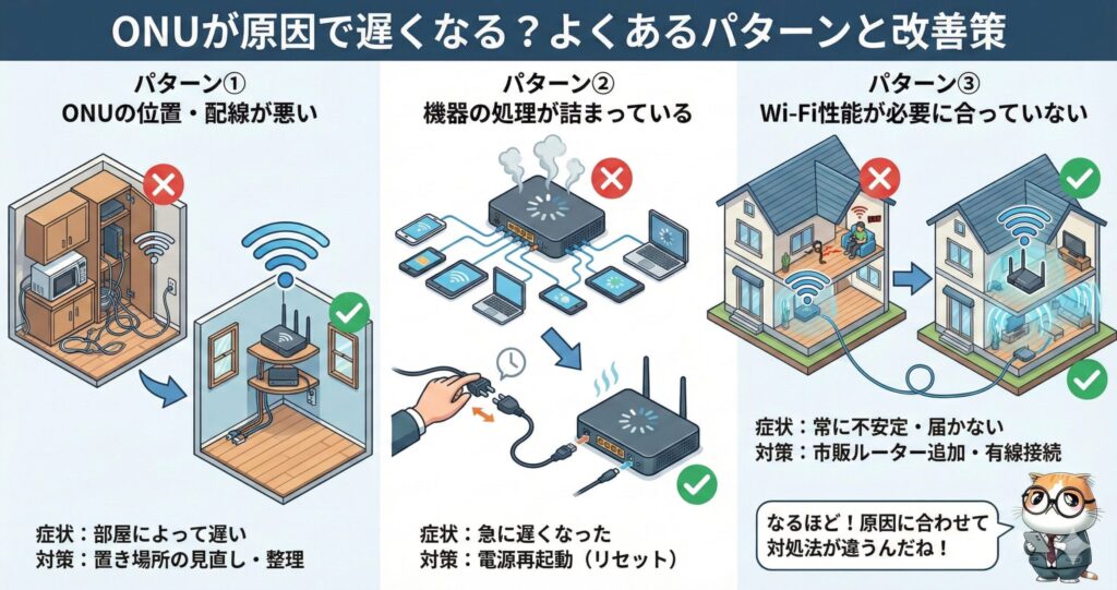 ONDの位置の悪さ・機器の処理詰まり・Wi-Fi性能不足などによる速度低下パターンと、それぞれの改善策を説明した図解。