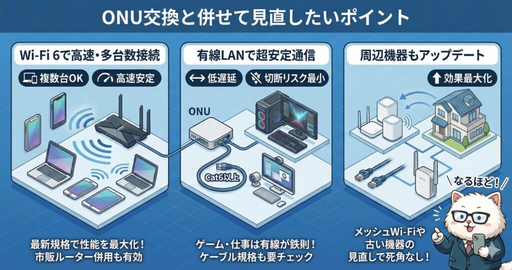 Wi-Fi6対応や有線LAN活用、周辺機器アップデートで速度・安定性を最大化するポイントを示した説明図。