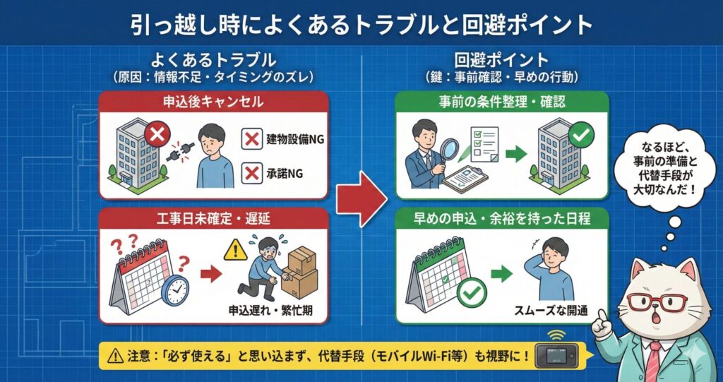 引っ越し時に起こりやすいNURO光の申込後キャンセルや工事遅延などのトラブルと、事前確認や早めの申込で回避するポイントを対比した図解
