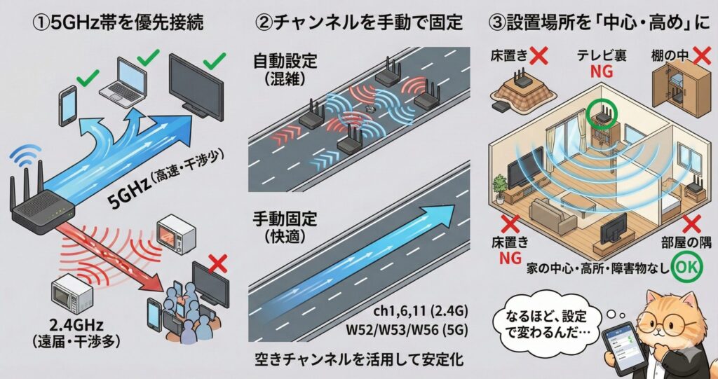 5GHz帯の優先接続・Wi-Fiチャンネルの手動固定・ルーター設置場所の適正化によって通信を安定させる方法を示す図。混雑しにくい5GHz帯を使い、空きチャンネルへ固定し、家の中心かつ高めの位置にルーターを置くことで速度と安定性を向上できることを説明している。
