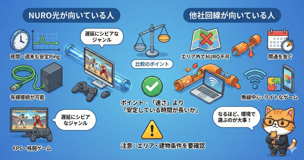 NURO光が向いている人と他社回線が向いている人を比較し、安定性重視か環境条件重視かで回線選びの判断軸を示した図解
