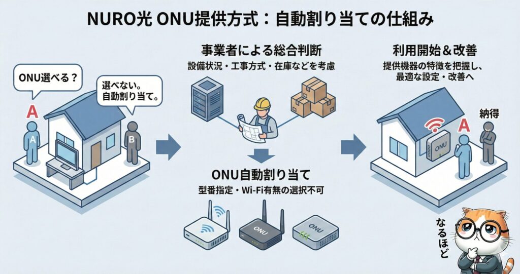 ONU提供方式が自動割り当てになる仕組みを説明した図。利用者がONUを選べず、事業者が設備状況や工事方式・在庫をもとに機種を決定し、自宅に最適なONUが割り当てられる流れをイラストで示している。