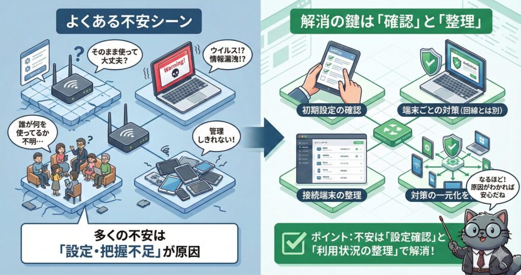 よくあるネットセキュリティの不安（誰が使っているか不明、ウイルス警告、端末管理不足）と、その解決策として初期設定確認・端末ごとの対策・接続端末の整理・対策の一元化を示した図。
