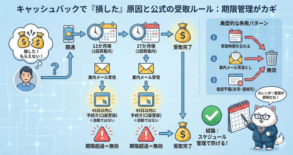 キャッシュバックで損する原因と、開通後11か月・17か月の案内メール受信から45日以内に口座登録する公式受取ルールを示した図解。
