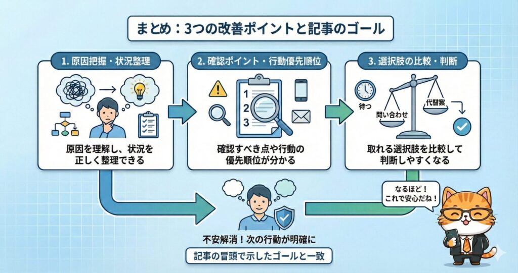NURO光の工事遅延を「原因把握→確認ポイント整理→選択肢比較」に分けて整理し、次に取るべき行動が明確になる流れをまとめた図解
