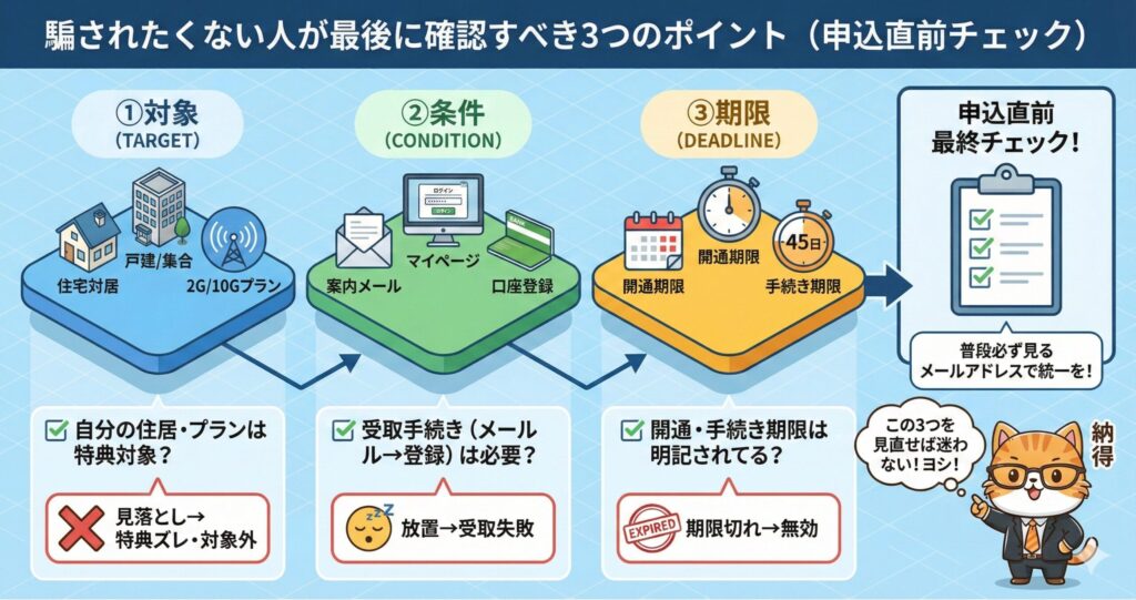 騙されないために申込直前で確認すべき3点（対象・条件・期限）を図解したチェックリスト。住宅タイプとプランの特典対象確認、案内メールからの口座登録など受取手続きの有無、開通期限と手続き期限45日の明記を確認し、見落とし・放置・期限切れによる特典失効を防ぐ内容。
