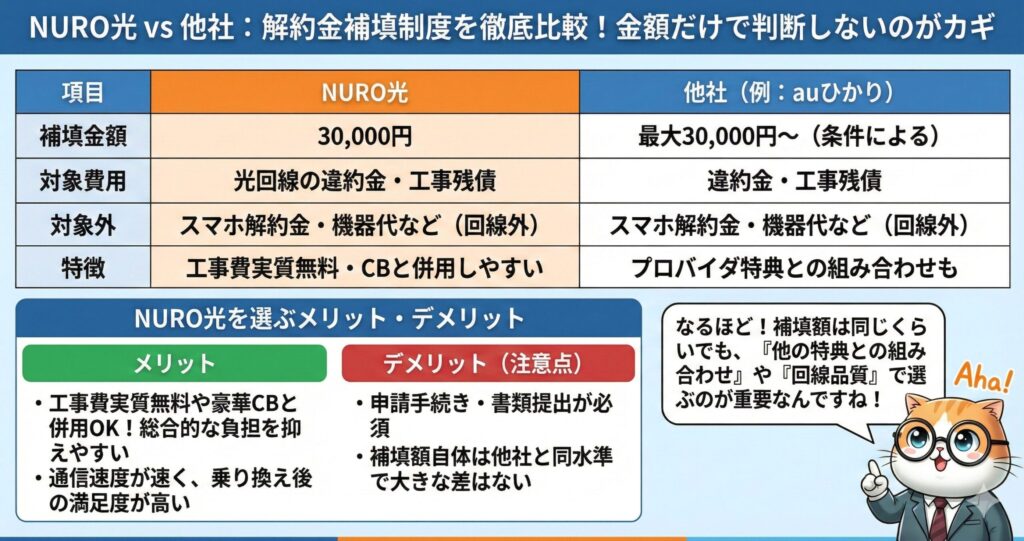 NURO光と他社（auひかり）の解約金補填制度を比較したテーブル図解。補填金額は最大30,000円で同水準だが、NURO光のメリットは工事費実質無料とキャッシュバック併用が可能で、総合的な負担を抑制しやすい点。デメリットは申請手続きが必須である点と、補填額自体は他社と同水準である点。金額だけでなく他の特典との組み合わせで判断すべきという結論を強調。