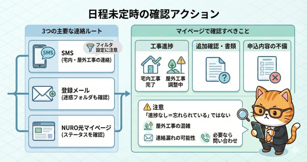**日程未定時に利用者が確認すべきアクションをまとめた図。SMS・登録メール・マイページで連絡や工事進捗、追加書類、申込内容不備を確認し、屋外工事の混雑や連絡漏れの可能性に注意しながら必要に応じて問い合わせる流れを示している。**
