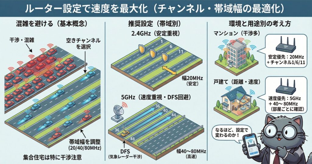 Wi-Fiルーターのチャンネル設定・帯域幅最適化によって速度を最大化する方法を、2.4GHzと5GHzの特徴、DFS干渉、集合住宅と戸建ての推奨設定などとともに示した解説図。