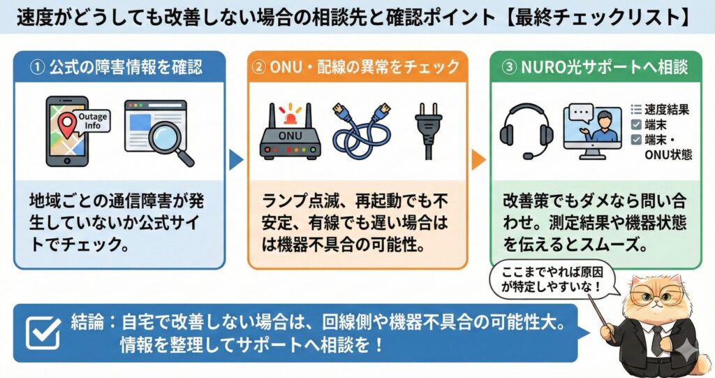 NURO光の速度が改善しない場合の最終チェックリスト|公式障害情報の確認・機器異常のチェック・サポート窓口への相談手順をまとめた図解