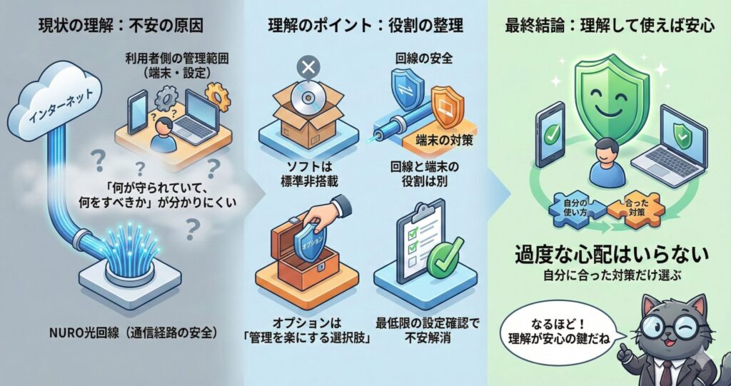 NURO光回線が担う通信経路の安全と、利用者が管理すべき端末・設定の役割を整理し、仕組みを理解すれば過度に不安にならず自分に合った対策だけ選べば安心して使えることを示したまとめ図。
