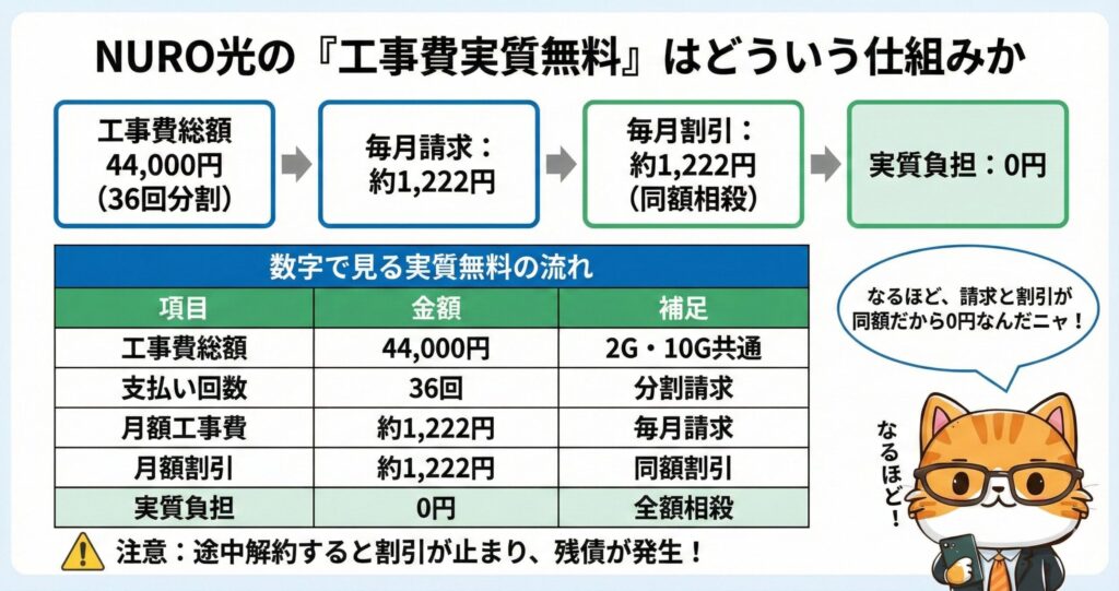 NURO光の『工事費実質無料』の仕組みと具体的な計算内訳の図解。工事費総額44,000円(36回分割)に対し、毎月約1,222円の請求と同額の割引が発生して相殺されることで、実質負担が0円になるフロー。途中解約時は割引が終了し残債が発生するリスクについての注意書き付き