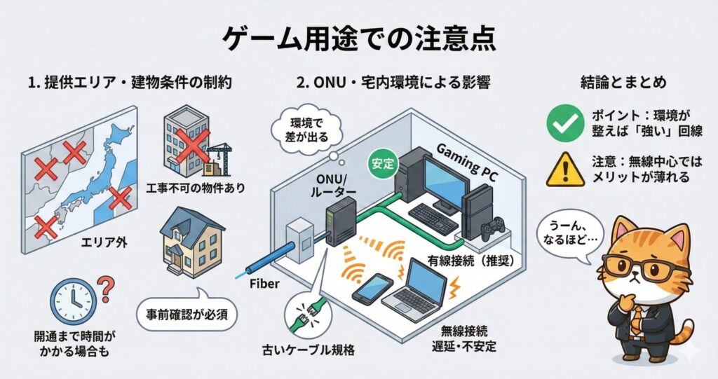 ゲーム用途での注意点として、提供エリアや建物条件、ONUや宅内環境、有線接続推奨など回線性能に影響する要素を整理した図解

