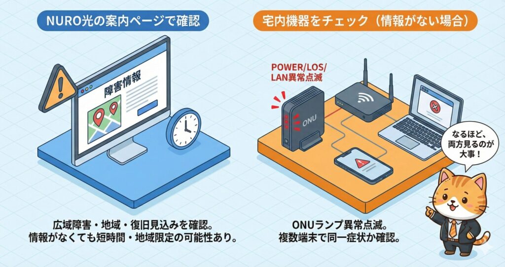 NURO光の障害確認方法として、公式ページで広域障害を調べる手順と、ONUランプ異常や複数端末の接続不良をチェックする様子を示した図解。
