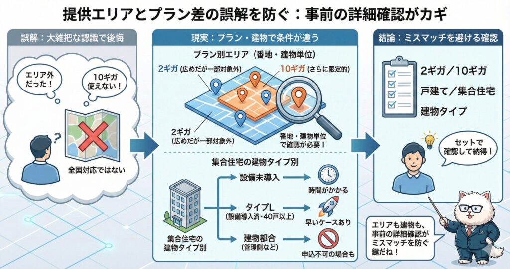 提供エリアや2ギガ・10ギガのプラン差、戸建て・集合住宅や建物タイプによる条件違いを事前確認する重要性を解説した図解イラスト。
