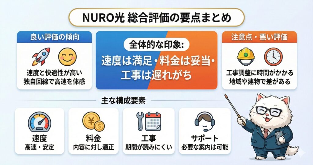 NURO光 総合評価の要点まとめ。速度と快適性が高いが、工事調整に時間がかかる。猫のイラストが説明している図。