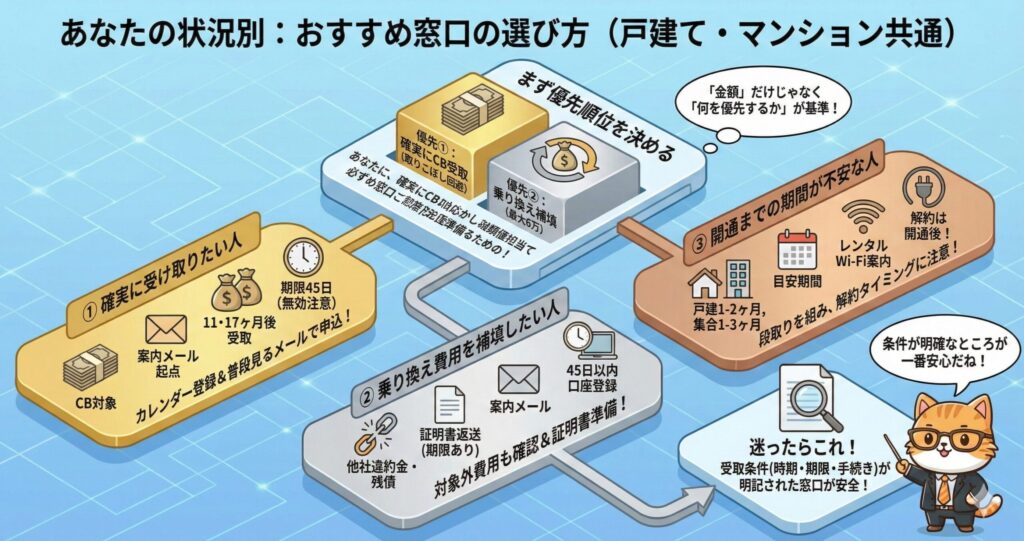 状況別におすすめの申込窓口の選び方を示し、確実な受取重視・乗り換え費用補填・開通までの不安解消など優先順位で判断する図解。
