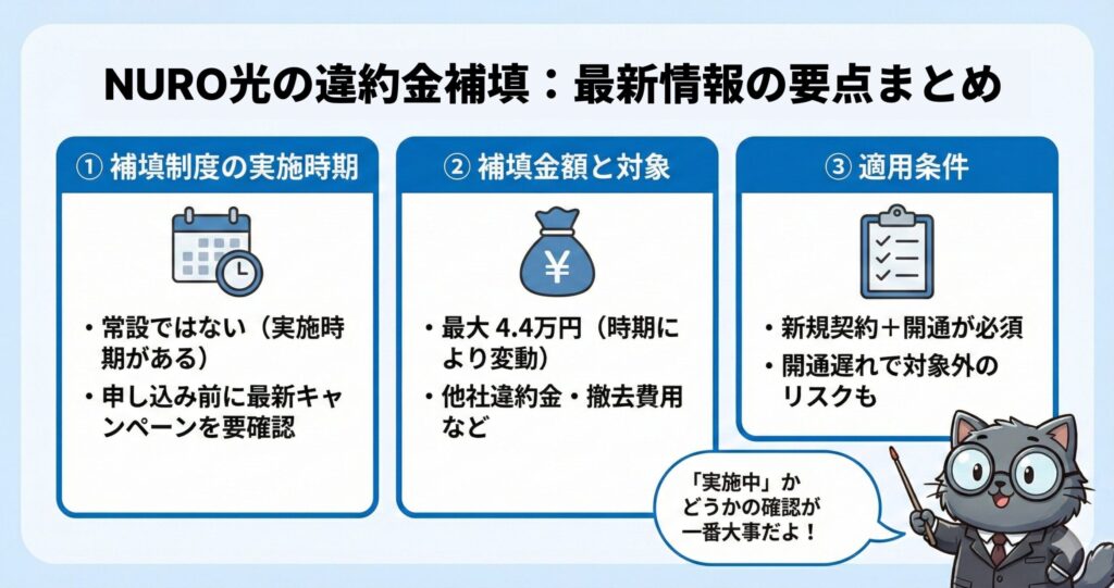 NURO光への乗り換えキャンペーン概要と主要3大特典のまとめ図解。工事費44,000円実質無料、最大78,000円キャッシュバック、期間限定特典の3つを組み合わせて初期コストを抑える仕組み。So-net公式特典を基準とし、最新の適用条件を確認することが重要であるという解説