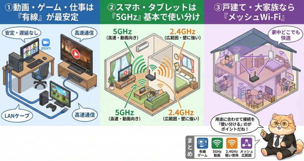 動画・ゲーム・テレワークは有線接続が最も安定し、スマホやタブレットは5GHzと2.4GHzを用途で使い分け、戸建てや大家族では家中をカバーできるメッシュWi-Fiが最適という接続方法の違いと特徴をまとめた図解。