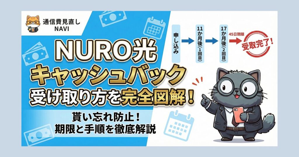NURO光キャッシュバックの受け取り方を、11か月後・17か月後の2回手続きと45日期限で解説した図解バナー。