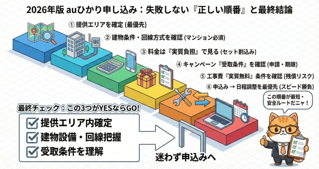 auひかり申込みで失敗しないための正しい6ステップ（提供エリア確認から日程調整まで）と最終チェック項目を示した手順図解
