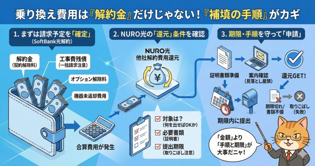 NURO光への乗り換え費用は解約金だけでなく、還元条件の確認や証明書類の準備、期限内申請など補填手順が重要であることを示した図。

