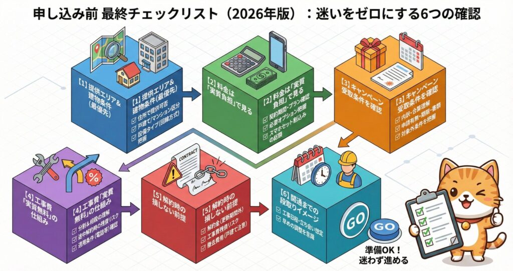 申し込み前に確認すべき6項目（提供エリア・料金の実質負担・キャンペーン条件・工事費の仕組み・解約時の費用リスク・開通までの流れ）を整理した最終チェックリストの図解
