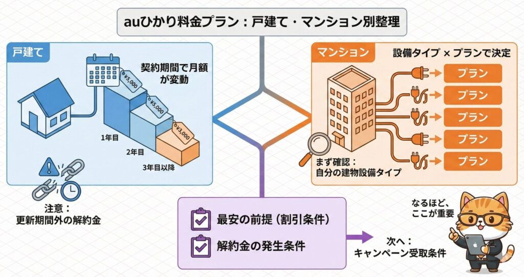 auひかりの料金プランを戸建てとマンション別に整理し、戸建ては契約年数による月額変動、マンションは設備タイプとプランで料金が決まること、解約金や割引条件の確認が重要であることを示した図解
