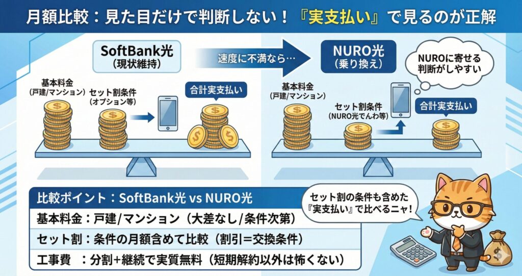 SoftBank光とNURO光を月額の見た目ではなく、セット割を含めた「合計実支払い」で比較する重要性を示した図。
