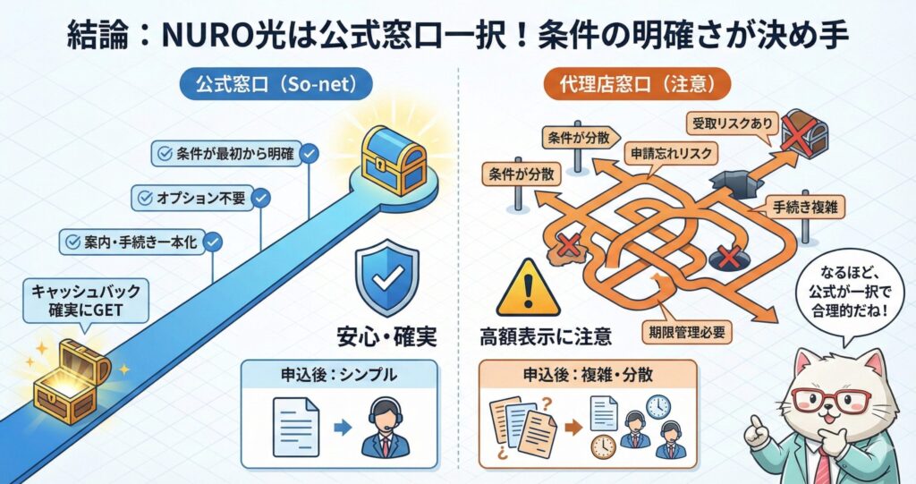 NURO光の3つの申し込みチャネル（公式窓口・代理店窓口・比較サイト）の違いと、最終受付がどこかを見極めるポイントを解説した図解
