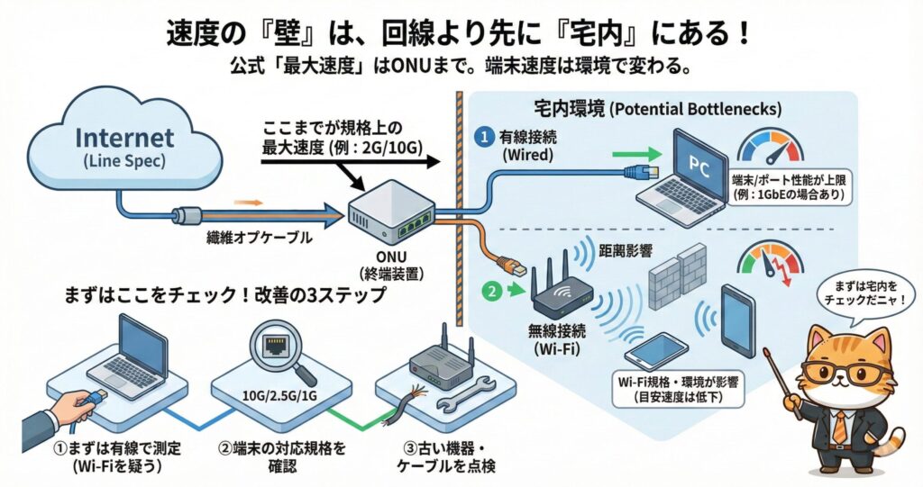 回線の最大速度はONUまでで、実際の通信速度は宅内の有線・Wi-Fi環境や端末性能がボトルネックになることを示した図。
