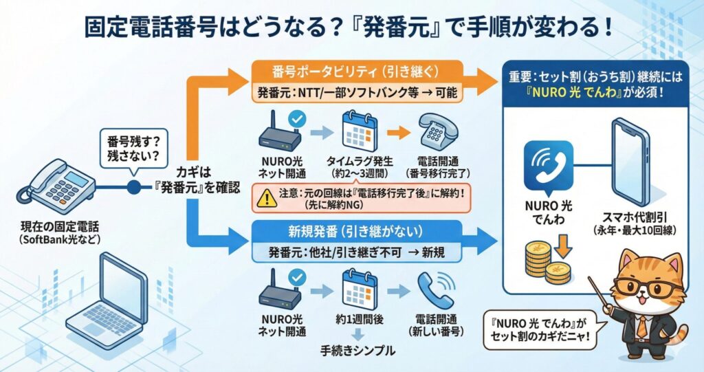 固定電話番号をNURO光へ切り替える際の手順を、番号ポータビリティ（引き継ぎ）と新規発番の2パターンで比較し、発番元の確認が重要で、セット割継続にはNURO光でんわが必須であることを示した図。
